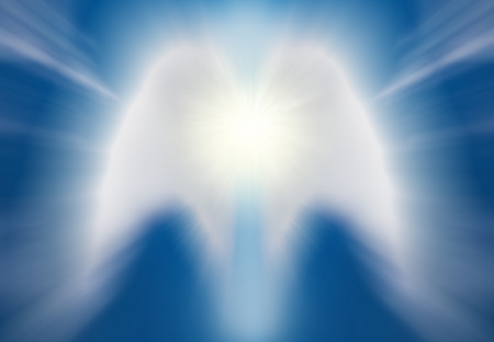 Beautiful abstract shape of an angel drawing with clouds on blue skyの写真素材