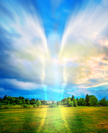 Beautiful background with an abstract angel on landscapeの写真素材