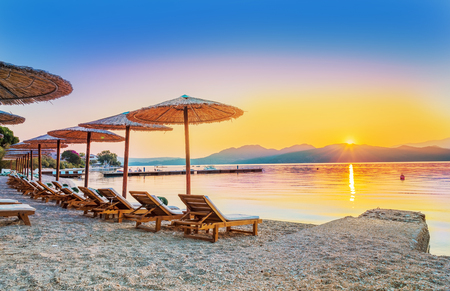 Beautiful sunrise over Nikiana beach in summer holiday, Lefkada island, Greeceの写真素材