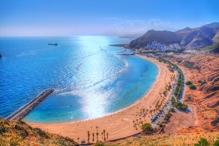 Beautiful panoramic view from the air over Teresitas beach on the coast of Canary island in summer season, in  Tenerife, Spainの写真素材