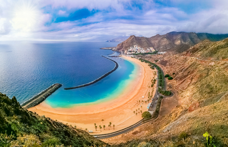 Beautiful panorama from the air over the famous Teresitas beach of Tenerife in summer holiday. Canary island of Spainの写真素材