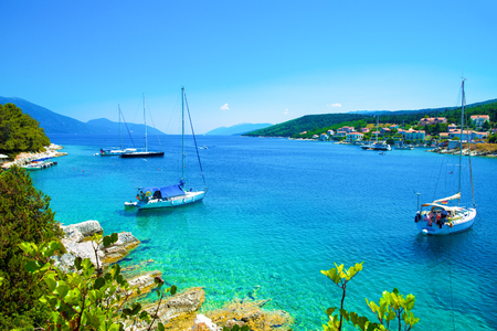 Motor boats in the seaport of Kefalonia,  in Lefkada island, Greeceの写真素材