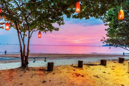 Beautiful holiday scene on Krabi beach at sunset, in summertime, Thailandの写真素材