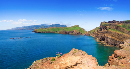 Beautiful panorama in Ponta de Sao region, on the coast of Madeira island in summer holiday, Portugalの写真素材