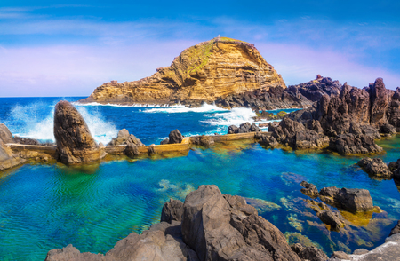 Amazing landscape with natural famous swimming pools of Porto Moniz in Madeira island, Portugalの写真素材