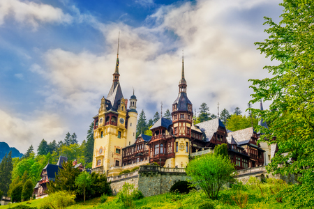 Beautiful residential Palace of Romanian King Royal family in Sinaia town, spring season - Romaniaのeditorial素材