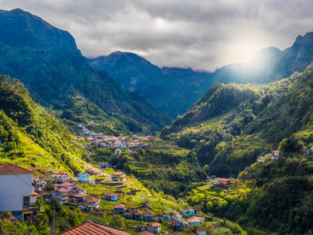 Panoramic aerial view over Lombo Galego village on high altitude on mountain, Madeira island,...