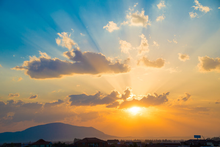 Amazing background with a colorful sunset over Corfu island, Greeceの写真素材