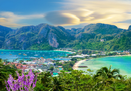 Aerial panoramic scene over Phi Phi cityscape in Thailandの写真素材