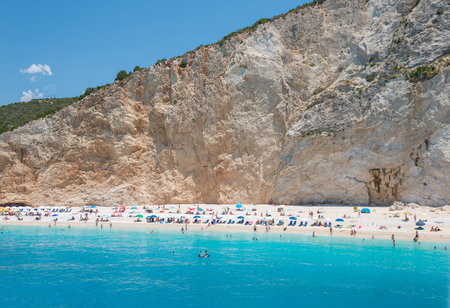 People on Porto Katsiki beack in summer holiday. Lefkada island of Greeceの写真素材