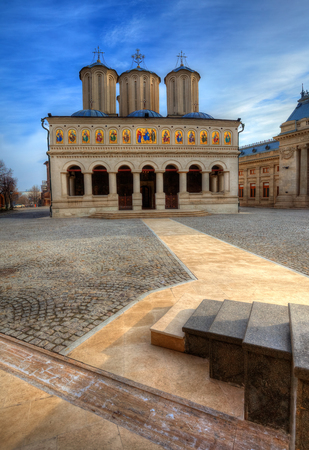 Famous religious Patriarchal church of Bucharest, spiritual edifice of Christian Orthodox, the most beautiful cathedral of Romaniaの写真素材