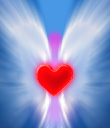Angel on the sky holding a red heartの写真素材