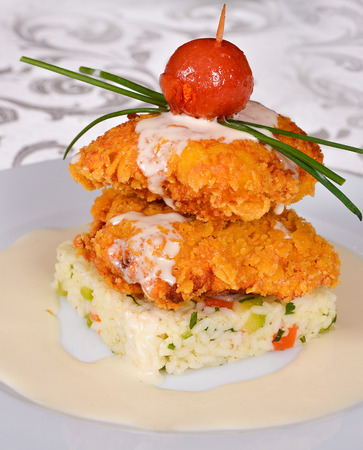 Traditional meatballs with rise on plateの写真素材