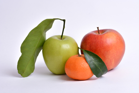 Green and red apples on white backgroundの写真素材