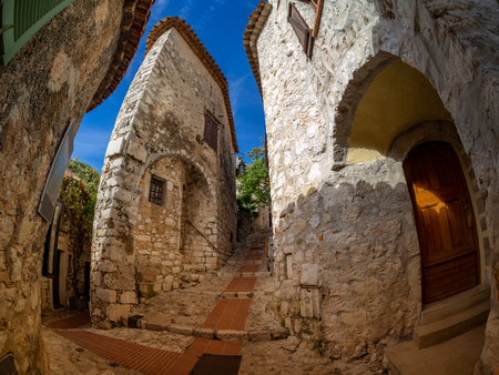 Medieval architecture inside Eze citadel and village, with walls made of stones, in Nice in Franceのeditorial素材