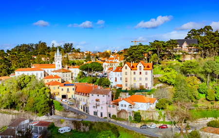 Cityscape over the old city of Sintra National Palace in Portugalの写真素材