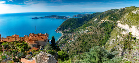 Panoramic aerial view of French Riviera, from Eze village in summer season, surroundings among the...