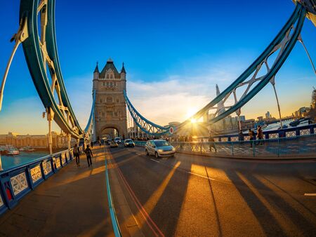Wide view of beautiful sunset over the Tower Bridge in London, England, UKの写真素材