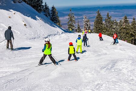 Group of people and kids skiing on a ski slope in Poiana Brasov resort, in winter season, Romaniaの写真素材