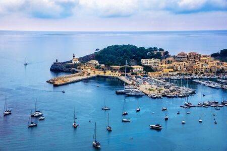 Aerial view of the famous Port de Soller on Majorca island in Spainの写真素材