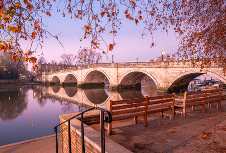 Autumn scene with the historical bridge architecture in Richmond Upon Thames, Londonの写真素材
