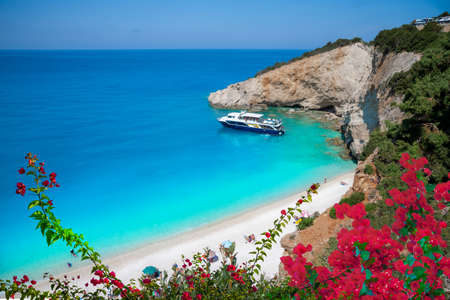Aerial view of the famous Porto Katsiki beach and seascape in summertime in Greeceの写真素材