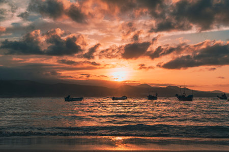 Beautiful sunset over the Gran Canaria island and Las Canteras beach, on the Atlantic Ocean coastの写真素材