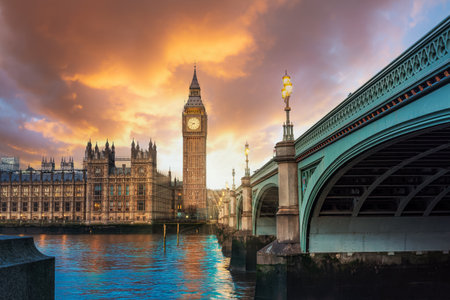 View of the famous Big Ben Tower ant Westminster Parliament House on the Thames riverbank in London, Englandの写真素材