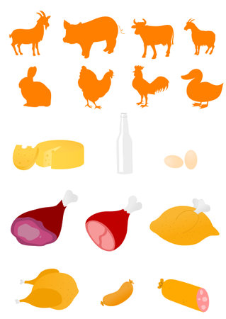 Set of farm animals and food industry products のイラスト素材