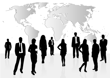 Illustration of business men and women, with reflection and world map as backgroundのイラスト素材