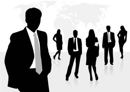 Illustration of business men and women, with reflection and world map as backgroundのイラスト素材