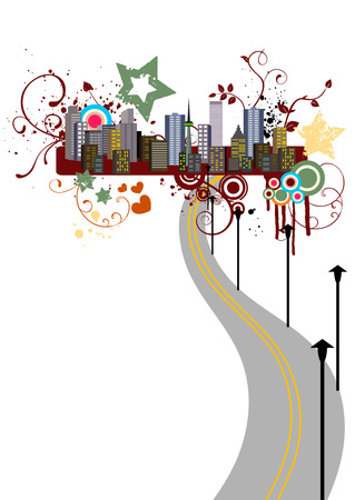 Grunge city illustration with road and buildingsのイラスト素材