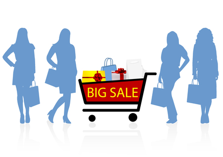Sale illustration with women shapes and shopping cartのイラスト素材