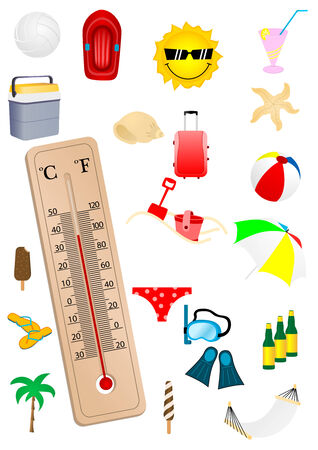 Illustration of a thermometer and some summer elements のイラスト素材