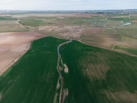 A beautiful aerial view of a field with a stream of water in the middle