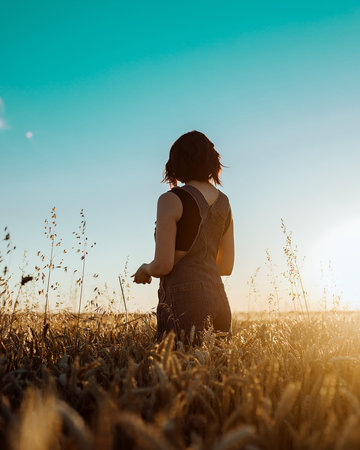 A young girl from behind in a wheat field at sunset