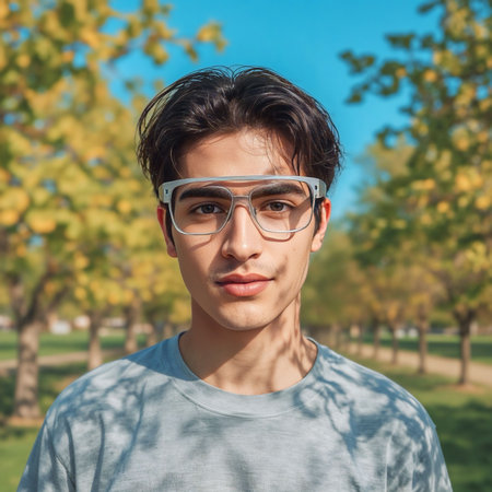 Young man wearing futuristic smart glasses outdoors in a parkの素材