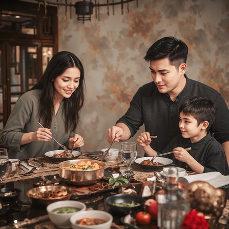 Happy family enjoying dinner together at a table with traditional Asian foodの素材