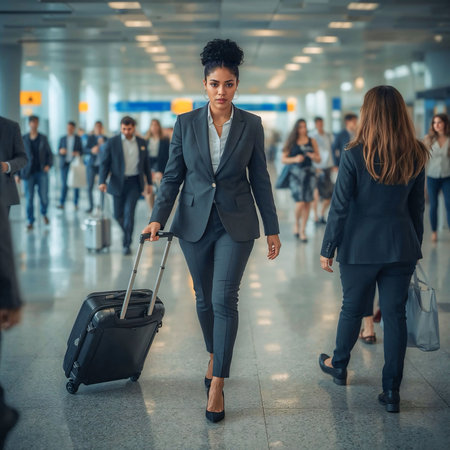 Confident businesswoman in a suit walking through an airport with a suitcaseの素材