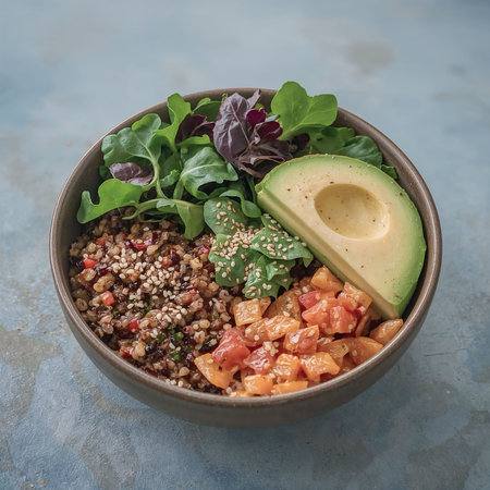 Colorful vegan buddha bowl with quinoa, avocado, fresh greens, tomatoes, and sesame seedsの素材