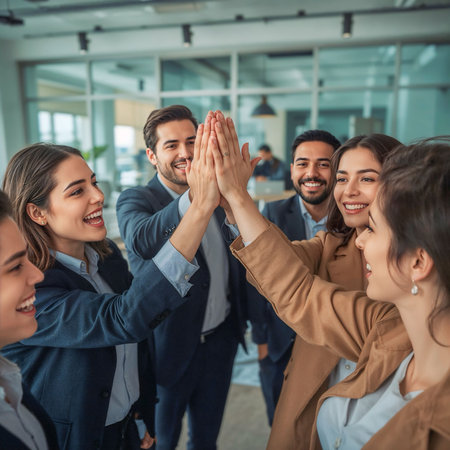 Smiling business team celebrating success with a group high five in a modern officeの素材