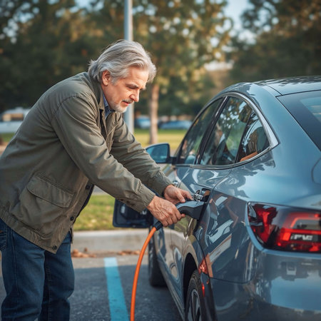 Senior man charging an electric car at a public station outdoorsの素材