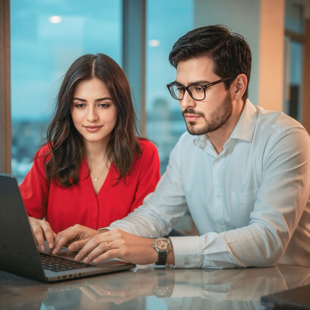 Focused young professionals working together on a laptop in a modern office settingの素材