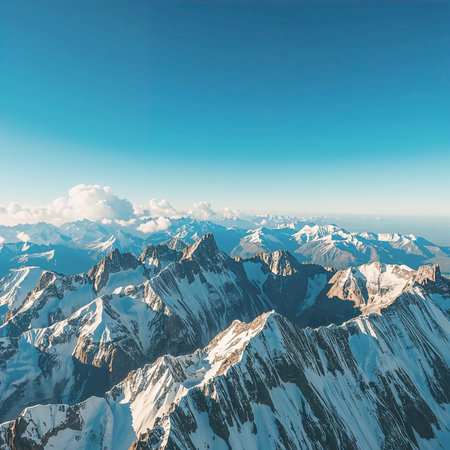 Panoramic aerial view of snow-covered mountain peaks under a clear blue skyの素材