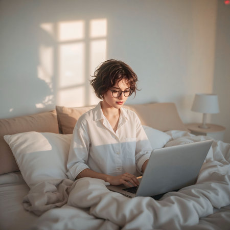 Young woman with glasses working on a laptop in bed, illuminated by warm morning light through a windowの素材
