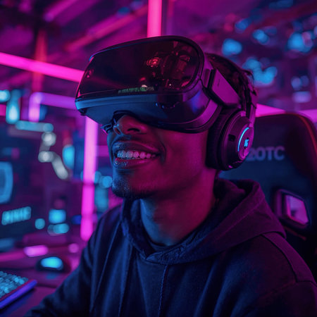 Smiling young man wearing a VR headset and headphones, enjoying immersive virtual reality gaming in a neon lit roomの素材