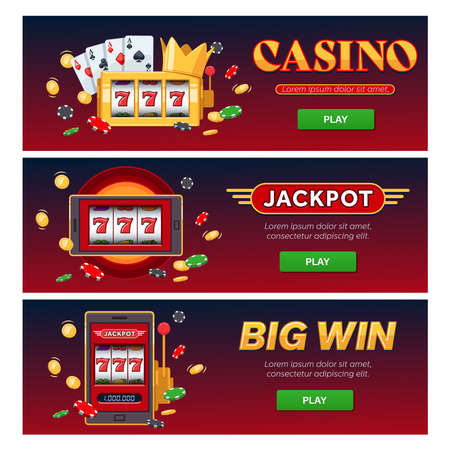 VIP horizontal web banner set, Vector online casino text club golden logo concept. Slot machine, falling golden coins jackpotのイラスト素材