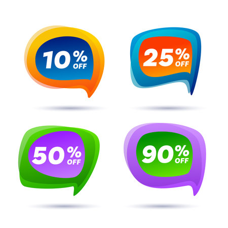 Special offer price signs. 10, 25, 50 and 90 percent off reduction symbols. Sales vector badges for stickers, labels, banners, tags, web stickers. Speech bubbles or chat symbols. Colored elements. Isolated vectors on white background.のイラスト素材