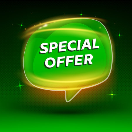Discount bubble speach shape banner on green background. Special offer badge. Sale coupon bubble icon. Shiny modern design. Sale tag, banner design template, app icon, vector illustration.のイラスト素材