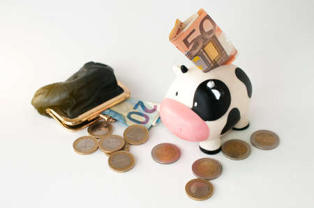 Money saving concept: a money box with a banknote inside along with a coinの写真素材